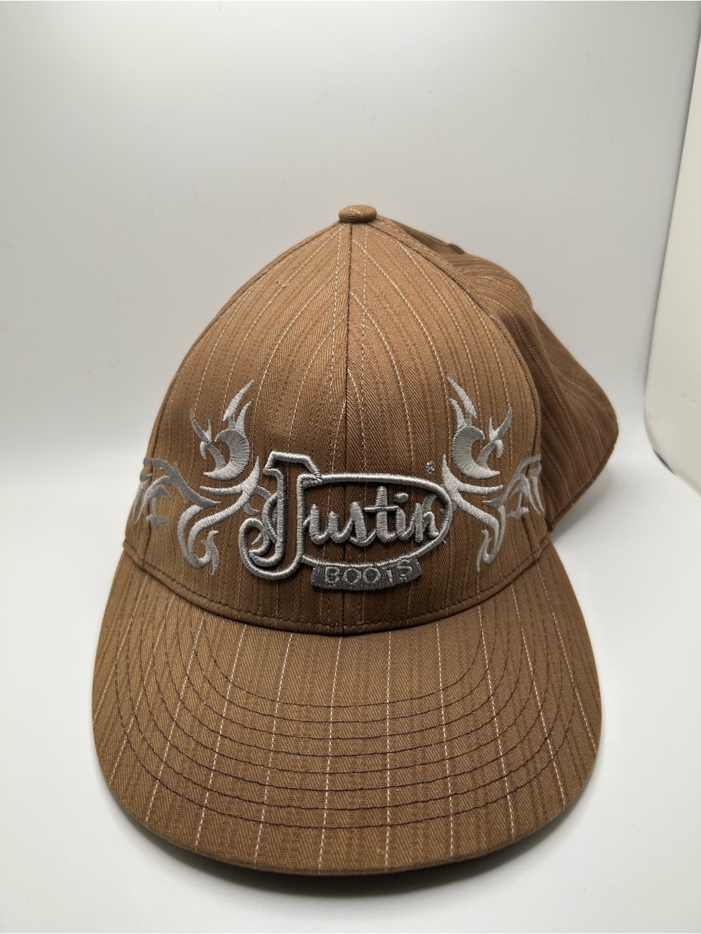 Justin Boots Brown Embroidered Western Cowboy Fitted Hat Cap Herringbone